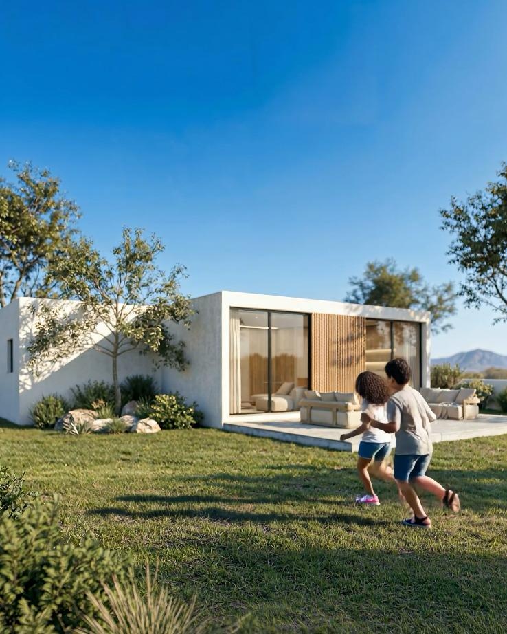 סגנון חיים – ילדים רצים על דשא לעבר הבית הגמור