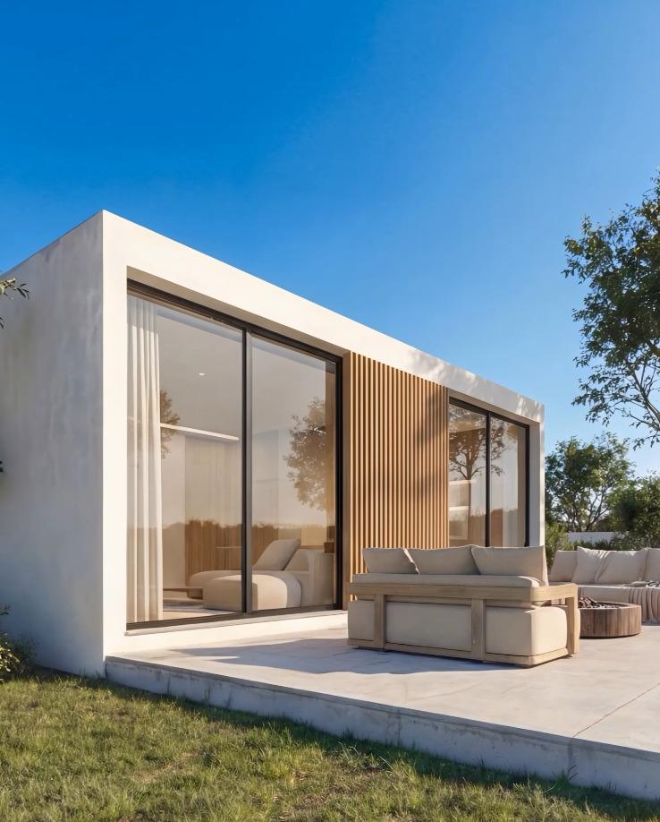 בית גמר – חזית עם לוחות זכוכית גדולים ואזור ישיבה חיצוני