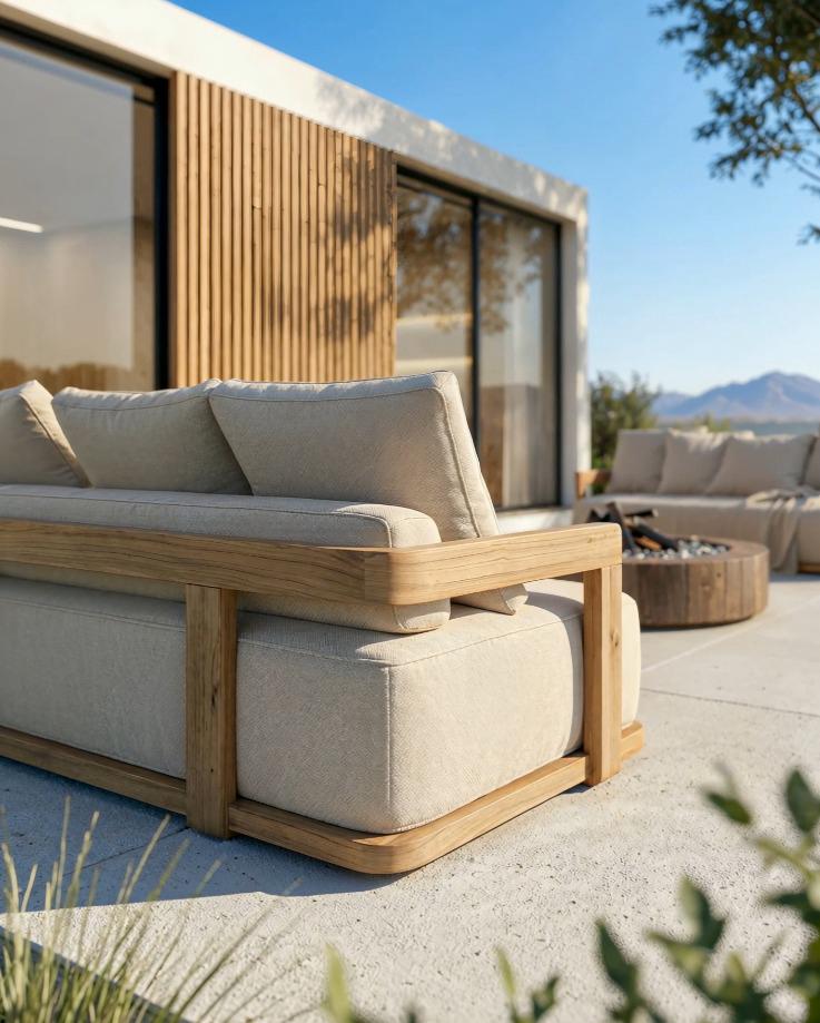 חוץ – ספת טיק על פטיו עם הבית ברקע