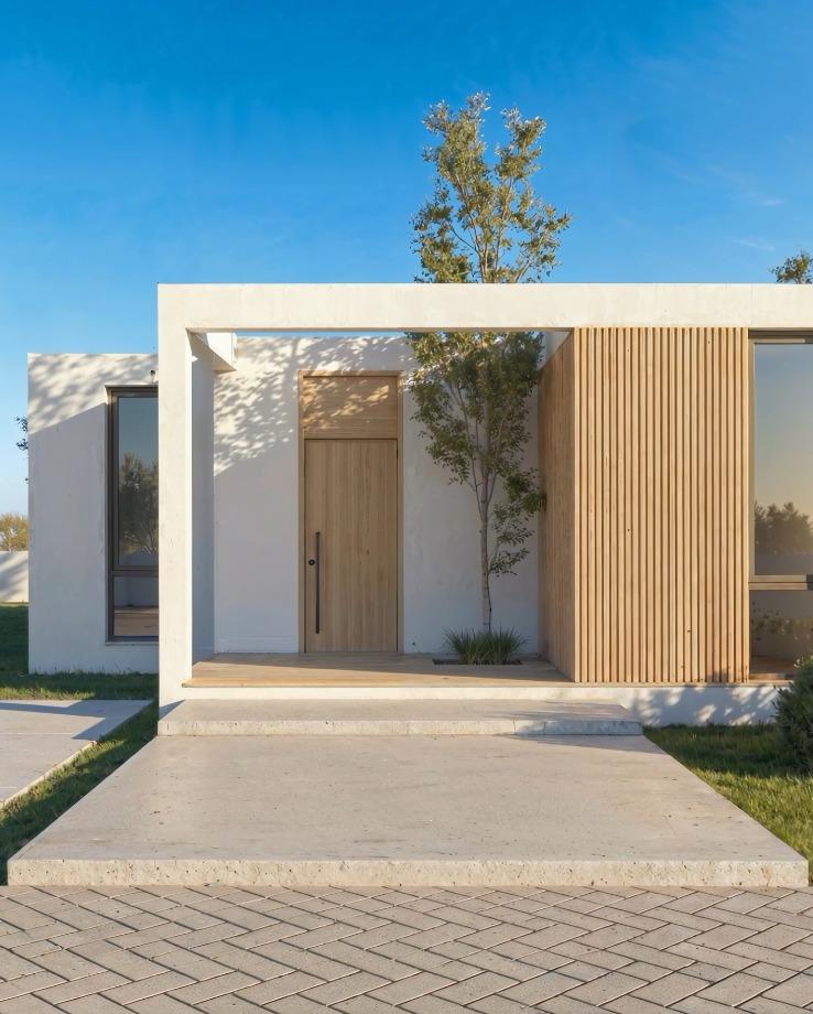 כניסה ראשית לבית – חיפוי עץ סימטרי, מסגרת אדריכלית מרשימה