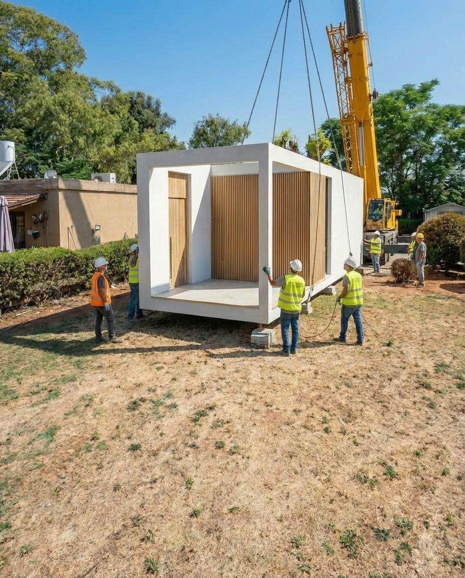 עגורן מוריד יחידת בית – עובדים מנחים לכניסה מדויקת