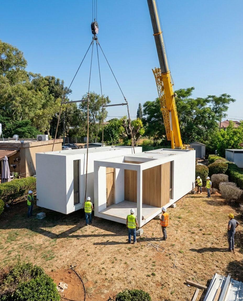 מבט אווירי – עגורן מניח יחידת בית, עבודות בנייה בהתקדמות