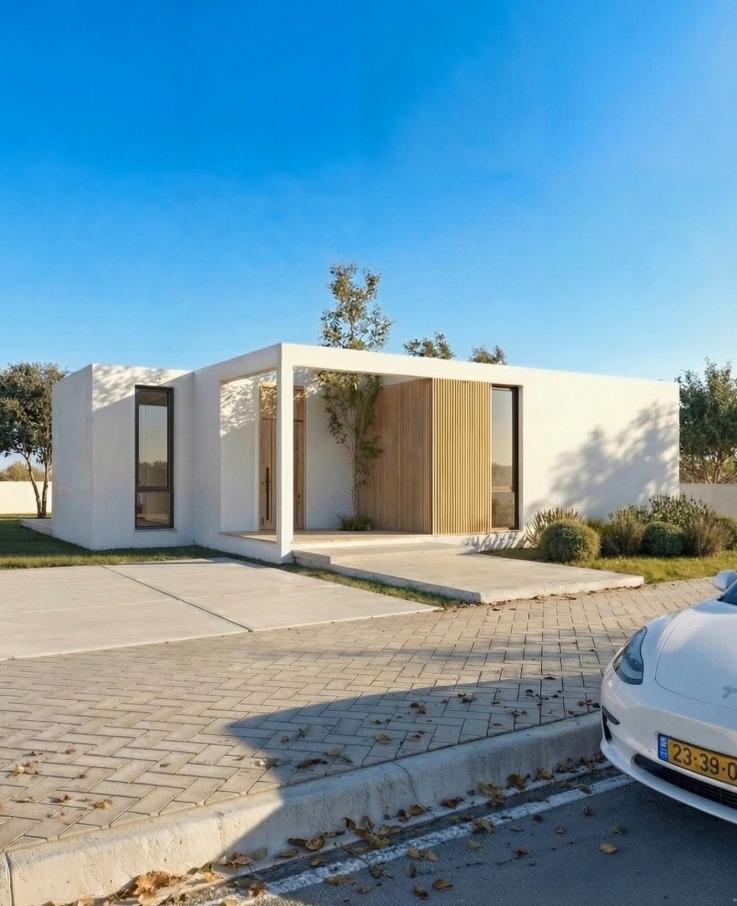 בית נובל בניה – חזית יום עם קירות לבנים, חיפוי עץ ושביל כניסה מרוצף