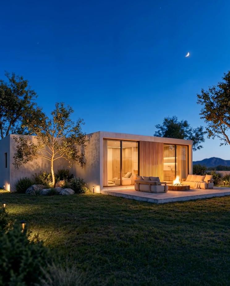 בית גמר – צילום לילה עם זוהר פנימי חמים ואח חיצוני