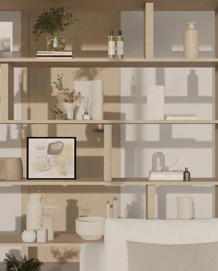 פנים בית – ספרייה מעוצבת עם עיצוב בגוונים חמים ניטרליים