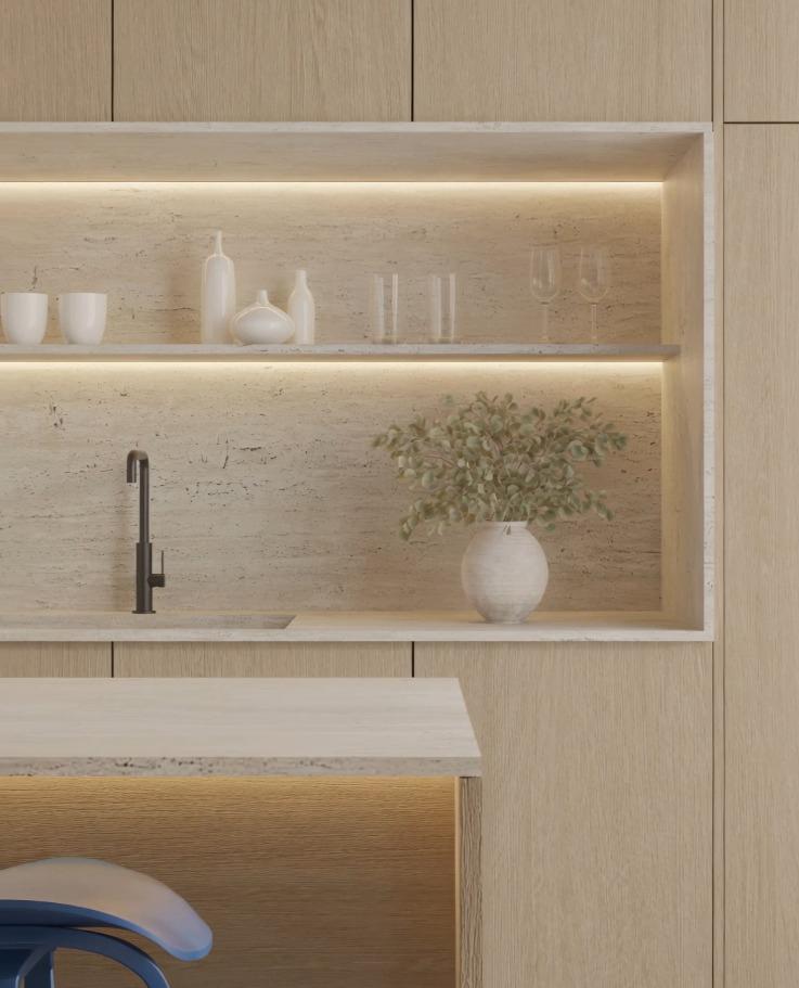 פנים בית – נישת מטבח עם מדפים מוארי LED, עיצוב מינימליסטי